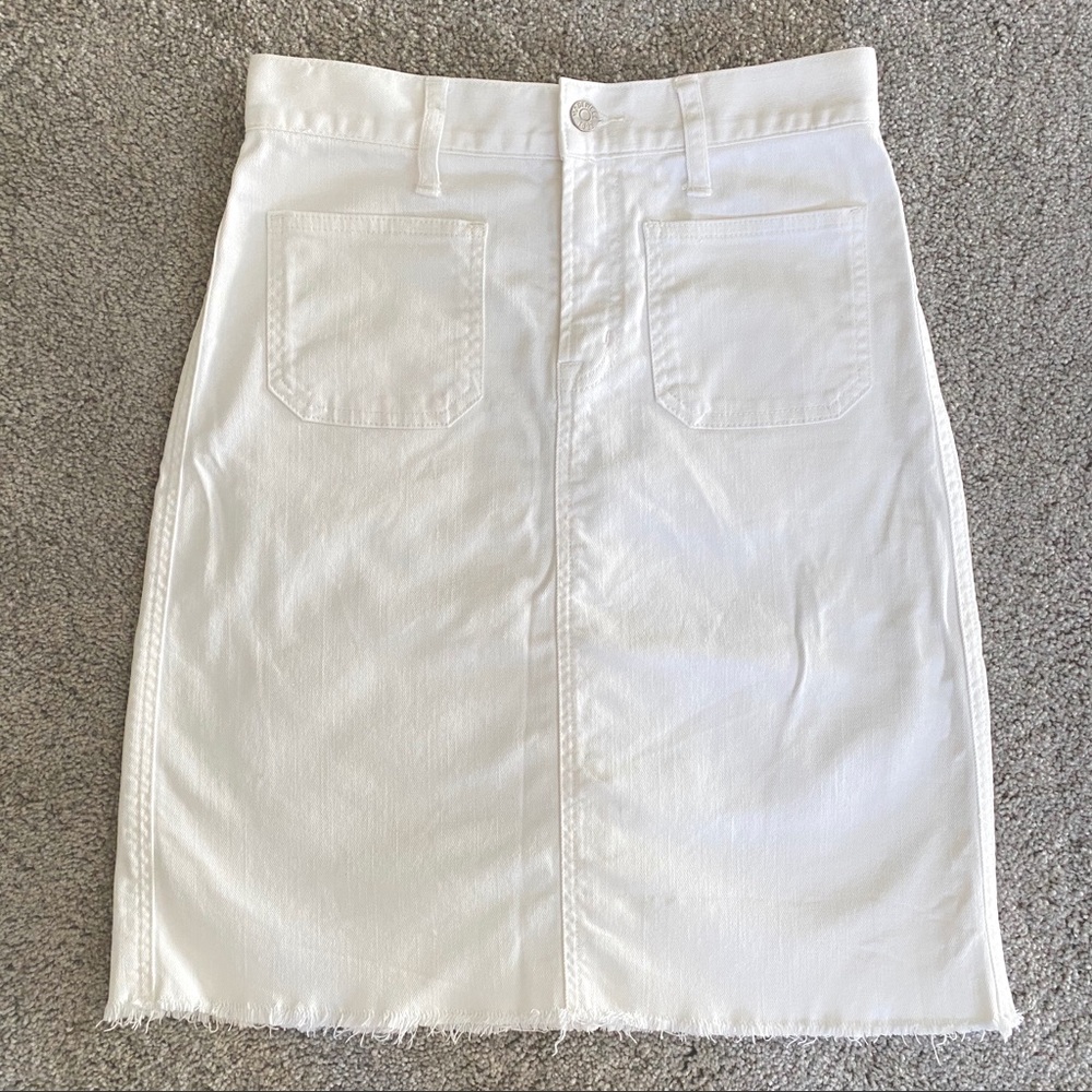 Madewell fringe edge white denim midi skirt